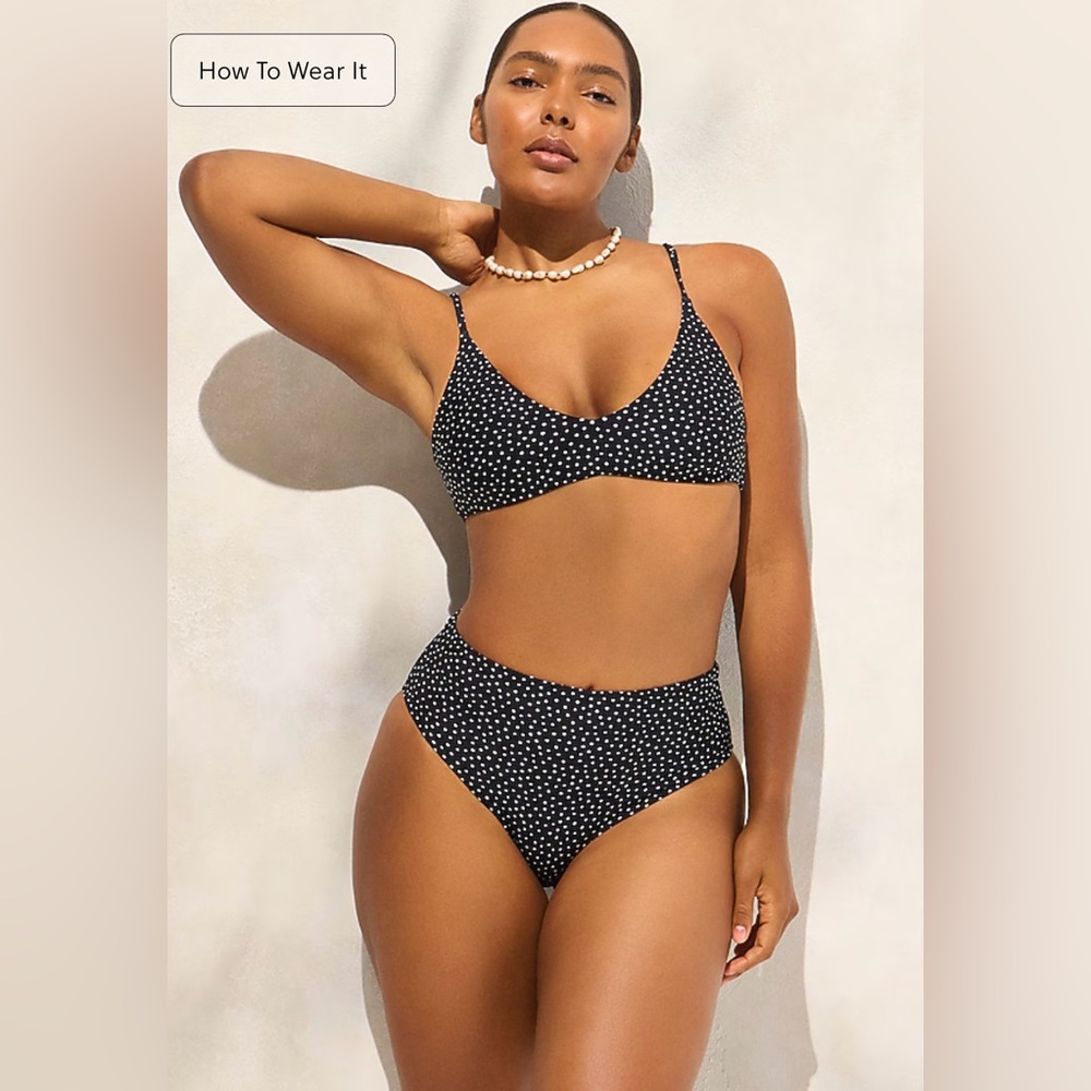 J. Crew Halle bikini top in Classic Sculpt, S, Black Ivory polka dot